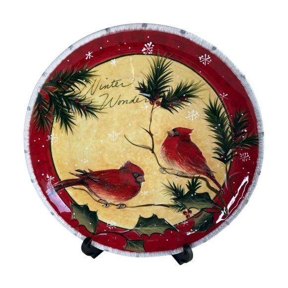 Pier 1 Holly Birds Earthenware 11.5" Dinner Plate Cardinals Christmas Winter - Picture 1 of 5